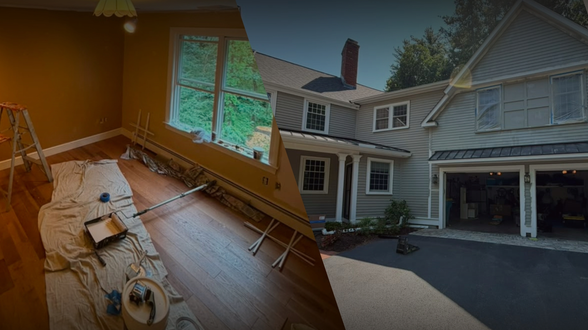 Interior room being painted next to the exterior of a renovated two-story home