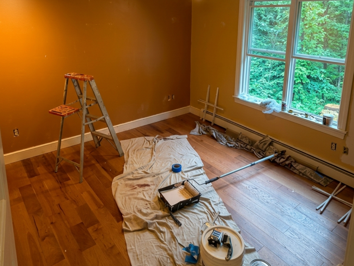 Room being painted with a ladder, drop cloth and roller on hardwood floors