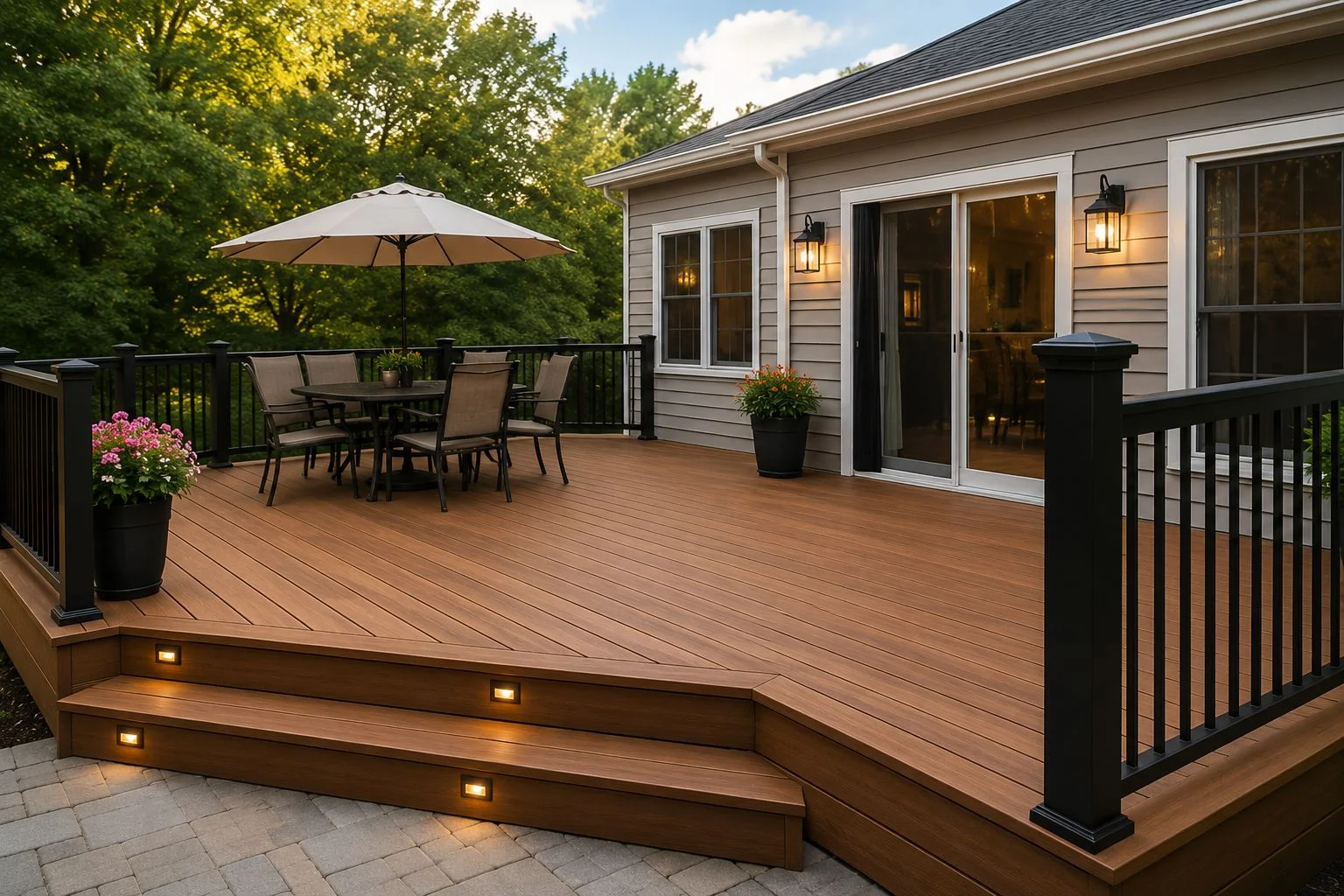 Illustrative example of a finished residential deck with railings and outdoor furniture